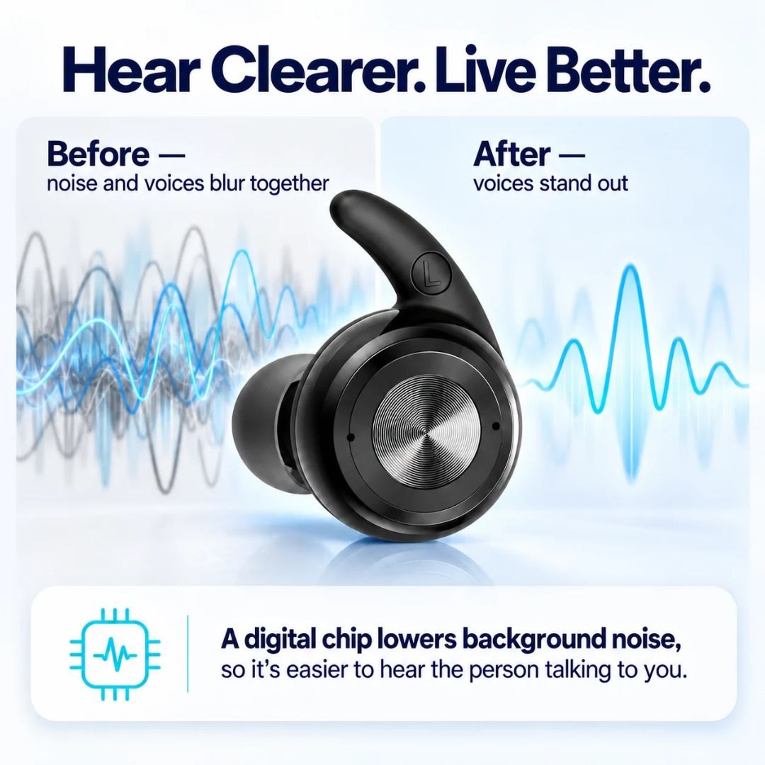 QuietFit hearing aid and illustration of digital noise reduction