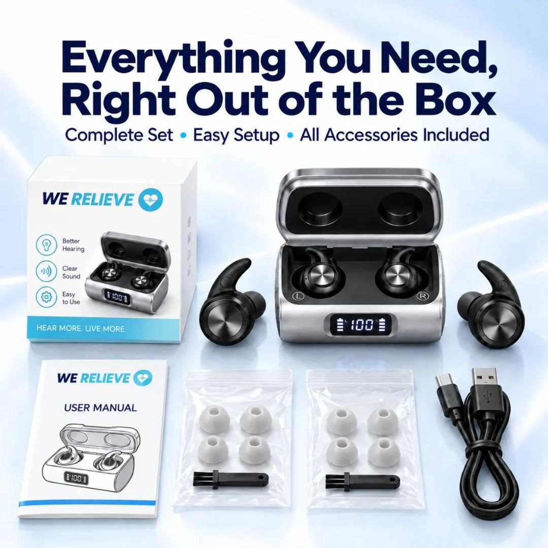 QuietFit hearing aids, charging case, ear tips, cable and user guide