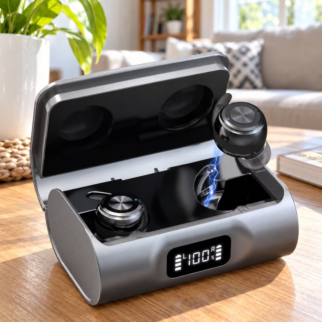 QuietFit hearing aids in an open charging case