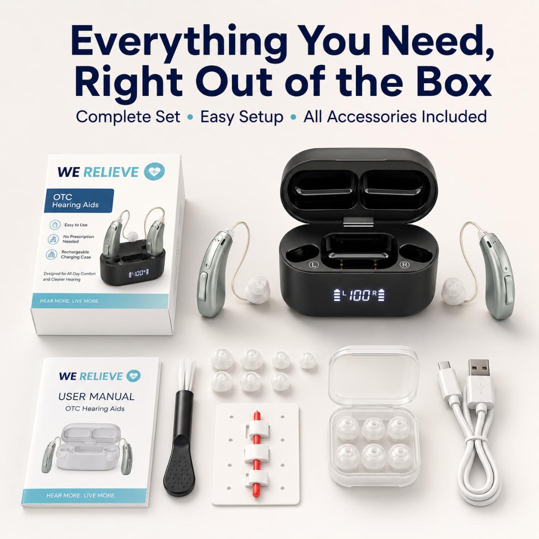 Rechargeable OTC hearing aids complete kit with charging case, user manual, eartips, cleaning brush, wax guards, and USB charging cable.
