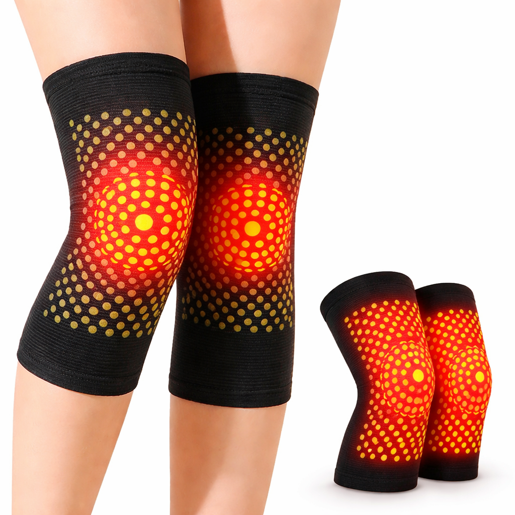 Thermal knee sleeve worn on both legs showing a dotted heat pattern centered over each knee joint.