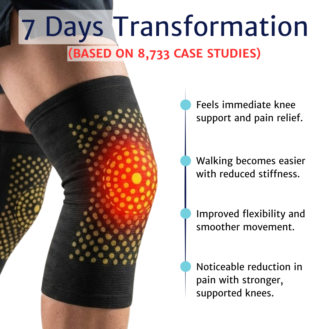 Thermal knee sleeve shown on a bent leg alongside a visual timeline highlighting changes in knee comfort and movement.