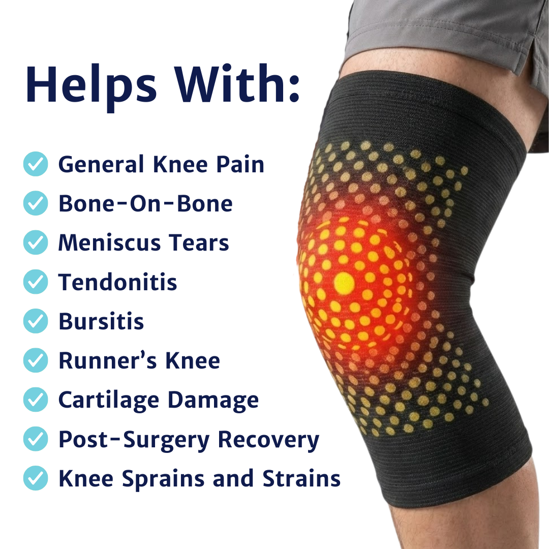 Thermal knee wrap worn on the leg next to a checklist graphic outlining different knee conditions.