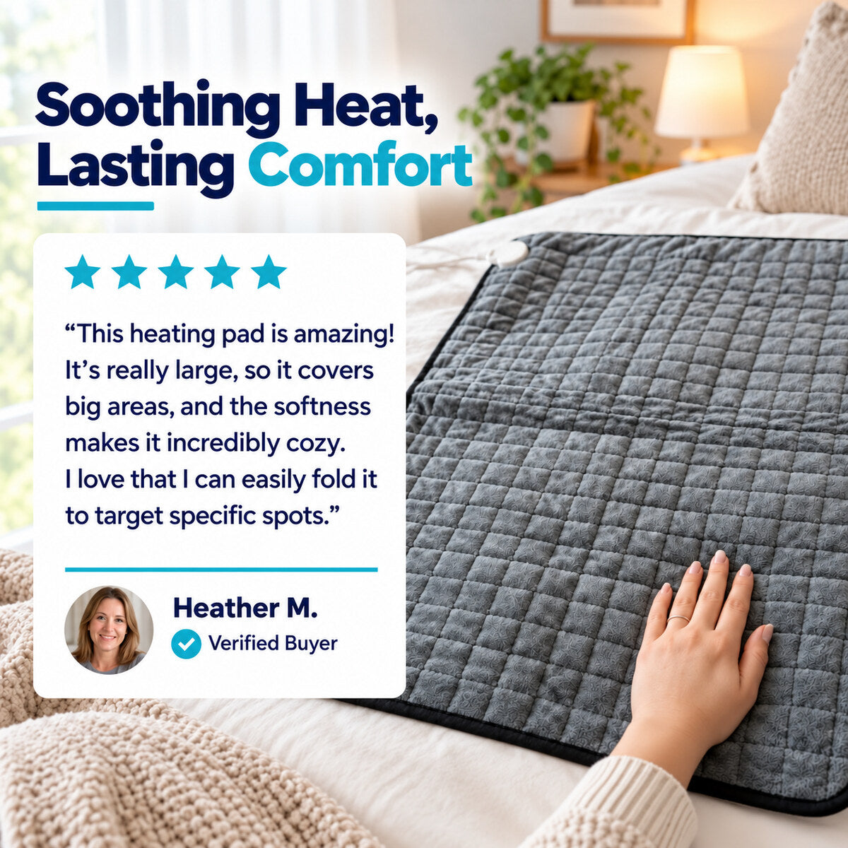 Heather M.’s ThermaPad Flex testimonial beside a soft gray quilted heating pad.