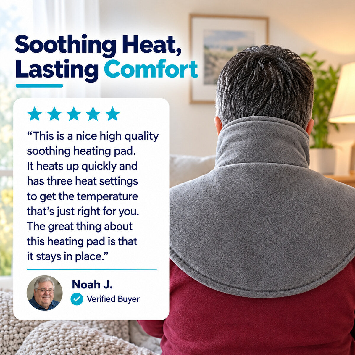 Noah J.’s ThermaWrap Go testimonial beside a gray neck and shoulder heating wrap.