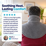 Noah J.’s ThermaWrap Go testimonial beside a gray neck and shoulder heating wrap.