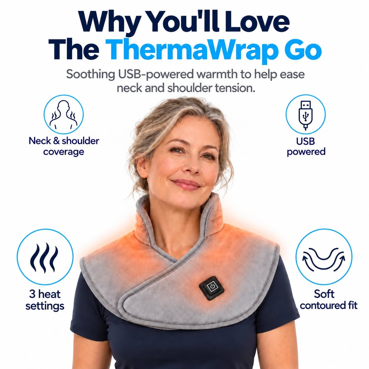 ThermaWrap Go with USB power, three heat settings and soft neck and shoulder coverage