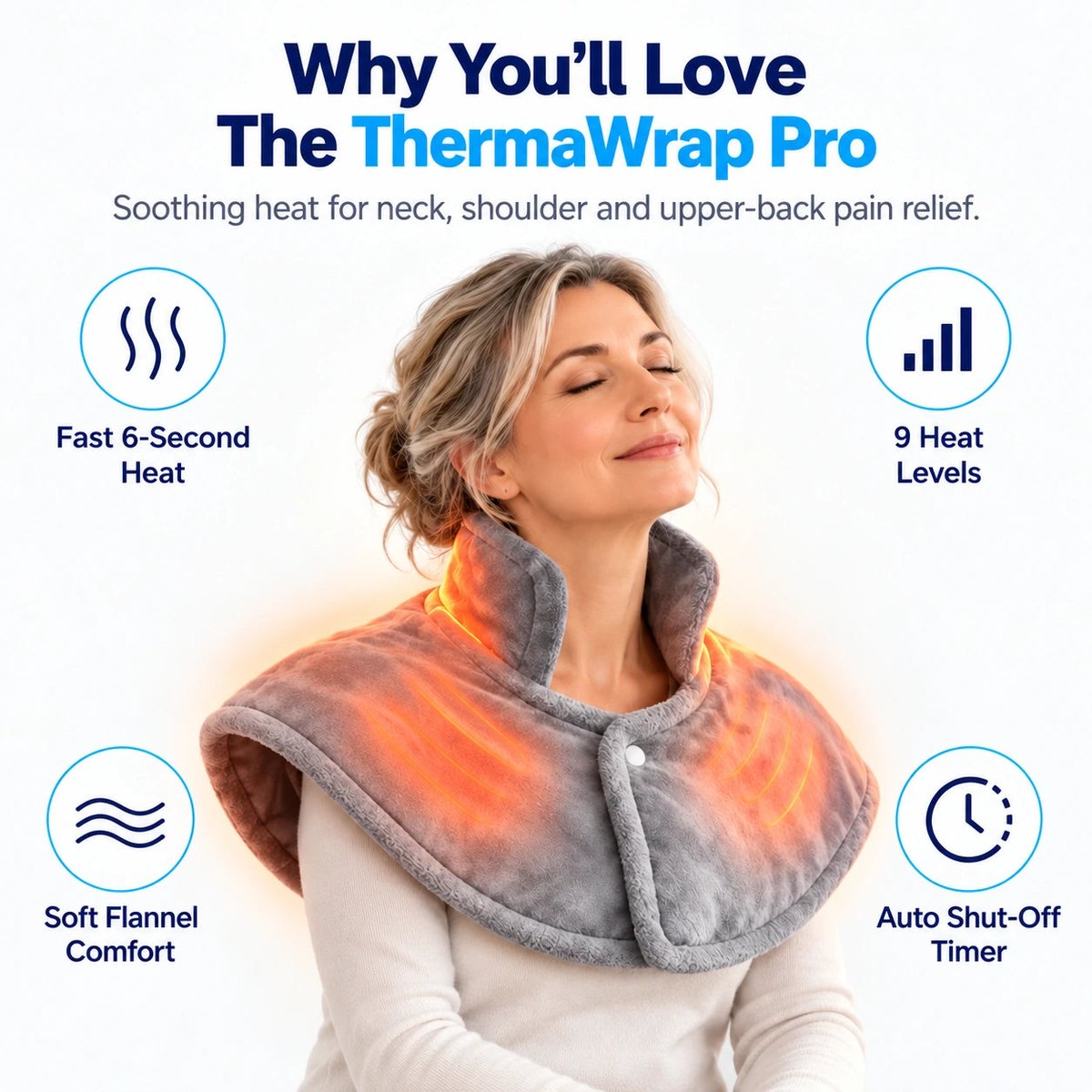 ThermaWrap Pro grey heating wrap with fast heat, nine heat settings, soft flannel and automatic shutoff.