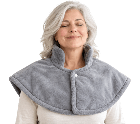 Woman wearing a gray ThermaWrap Pro heating wrap