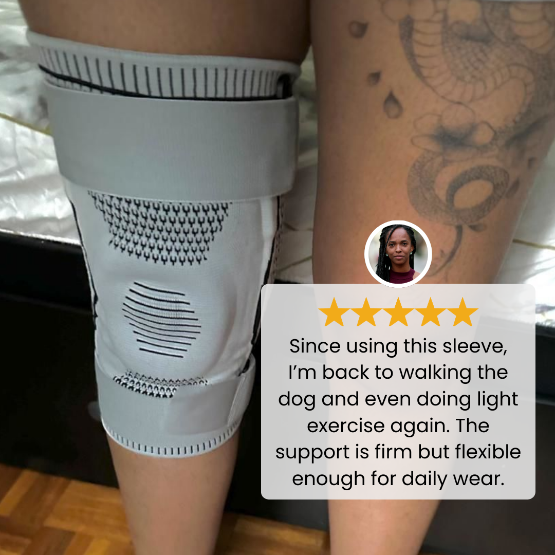 Customer wearing Ultra Knee Elite 2.0 knee compression sleeve showing adjustable support and stability for walking and daily movement