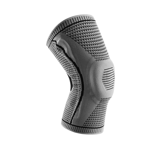 Gray knee sleeve  with textured pattern on a white background