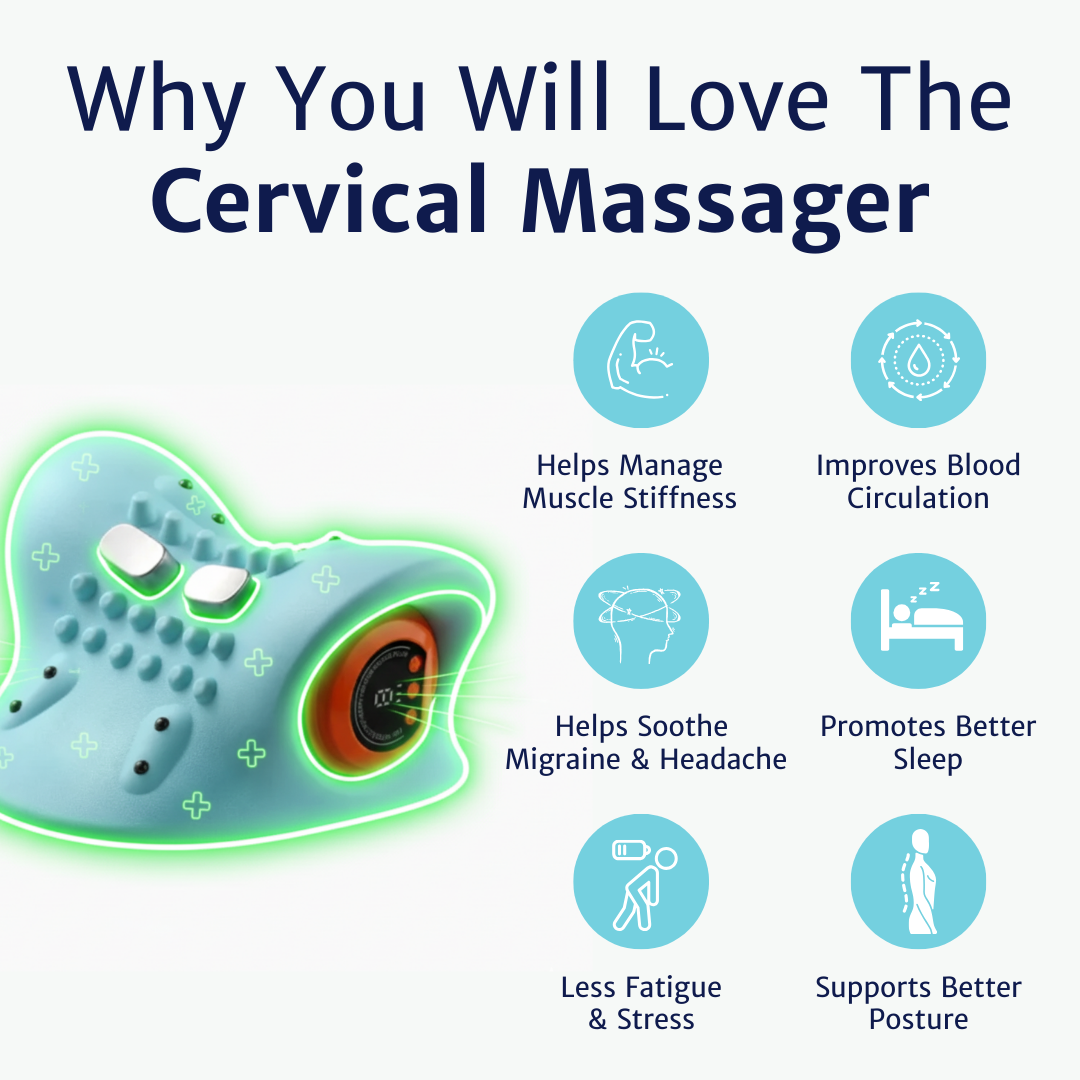 WeRelieve cervical neck massager benefits including muscle stiffness relief, improved blood circulation, migraine support, better sleep, posture support, and stress reduction.
