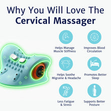 We Relieve cervical massager beside an infographic listing its advertised comfort benefits.