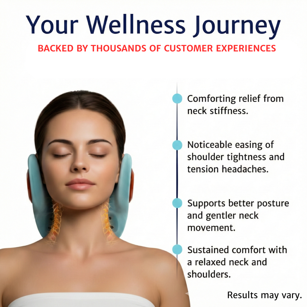 Woman using WeRelieve cervical neck massager showing benefits like neck stiffness relief, improved posture, reduced tension headaches, and relaxed neck muscles.