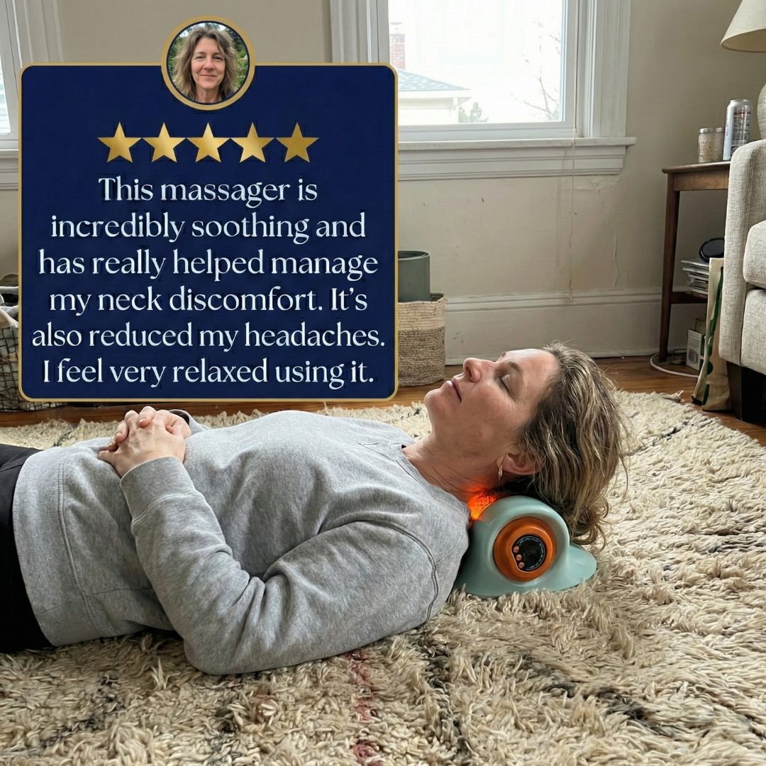Customer using WeRelieve cervical neck massager lying on the floor showing relief from neck pain, tension, and headaches with heat therapy.