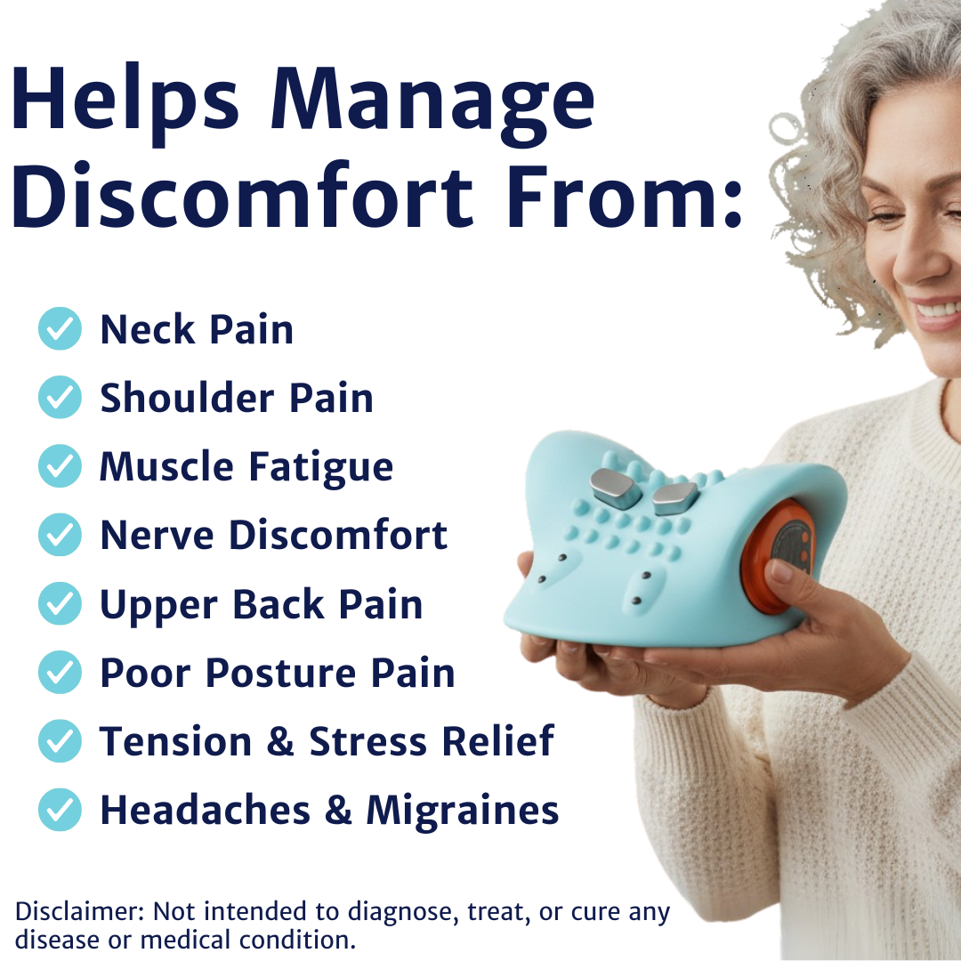 WeRelieve cervical neck massager shown with benefits including relief for neck pain, muscle fatigue, poor posture, upper back pain, tension, stress, and headaches.