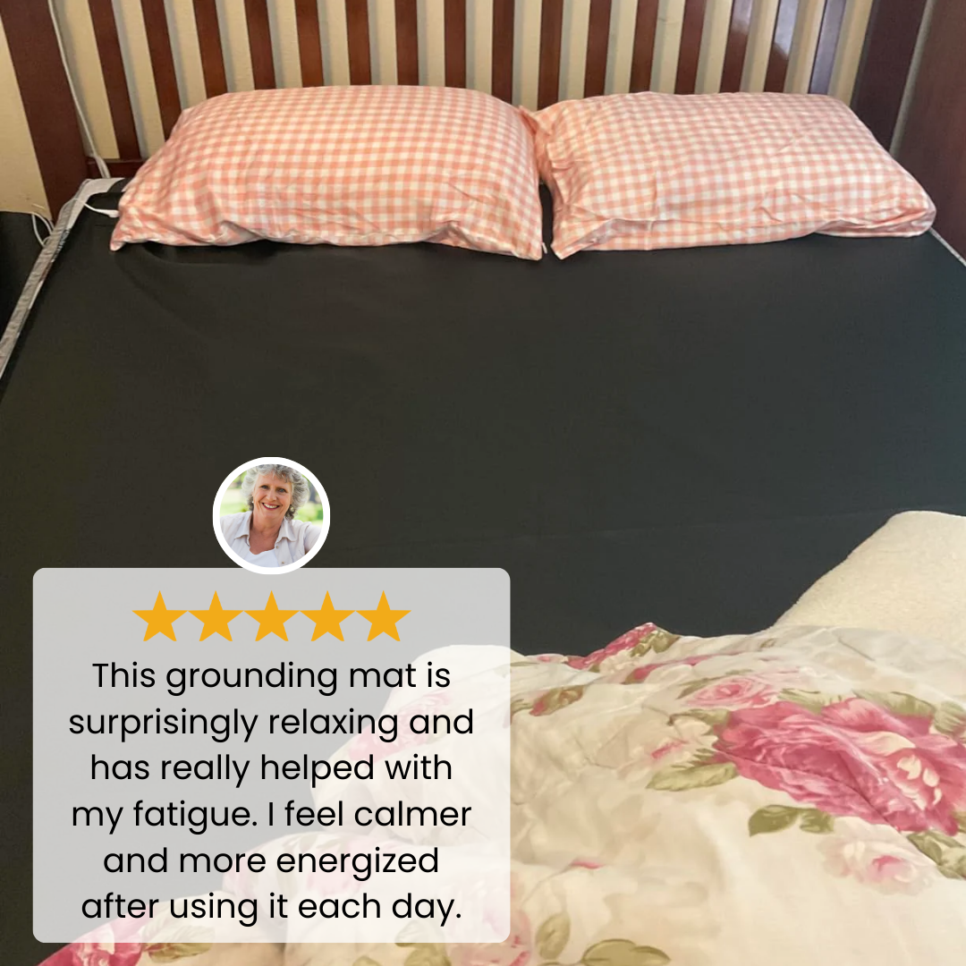Customer review showing WeRelieve earth grounding mat for bed used during sleep for relaxation, fatigue relief, and improved energy