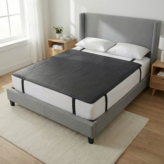 WeRelieve earth grounding mat for bed placed over mattress showing full bed grounding mat designed for earthing while sleeping