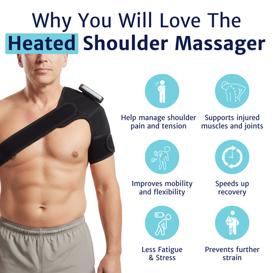 Man wearing the WeRelieve heated shoulder massager highlighting heat and vibration therapy designed to help manage shoulder pain, improve mobility, and support muscle recovery.