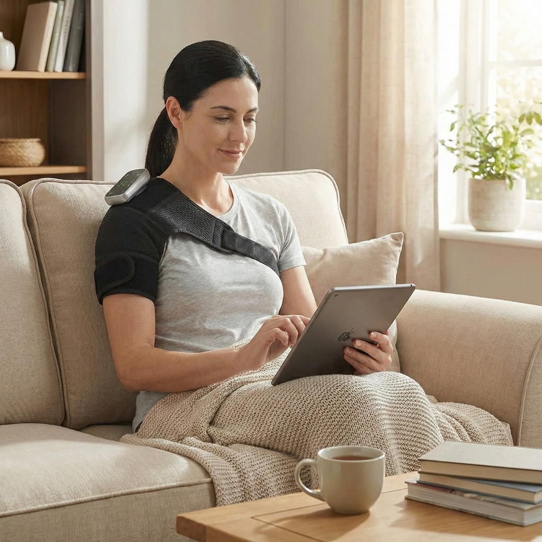 Woman relaxing at home while wearing the WeRelieve heated shoulder massager wrap designed to relieve shoulder tension and stiffness with heat and vibration therapy.