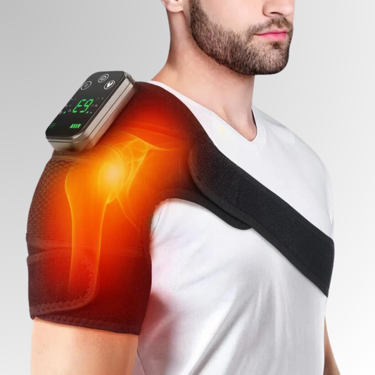 Man wearing the WeRelieve heated shoulder massager wrap with heat and vibration therapy designed to relieve shoulder stiffness, support circulation, and provide cordless shoulder pain relief.