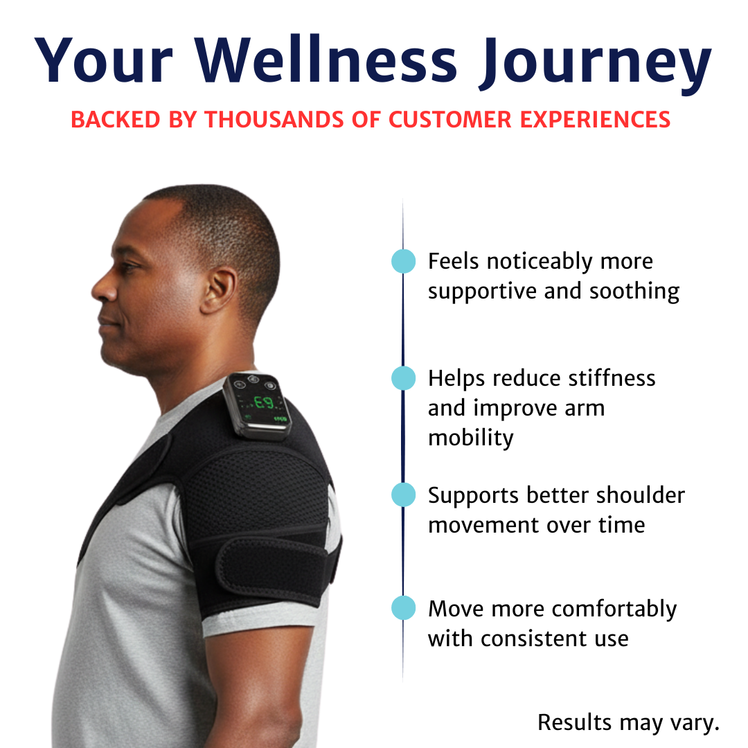 Man wearing the WeRelieve heated shoulder massager showing cordless heat and vibration therapy wrap designed to help reduce shoulder stiffness and support mobility.