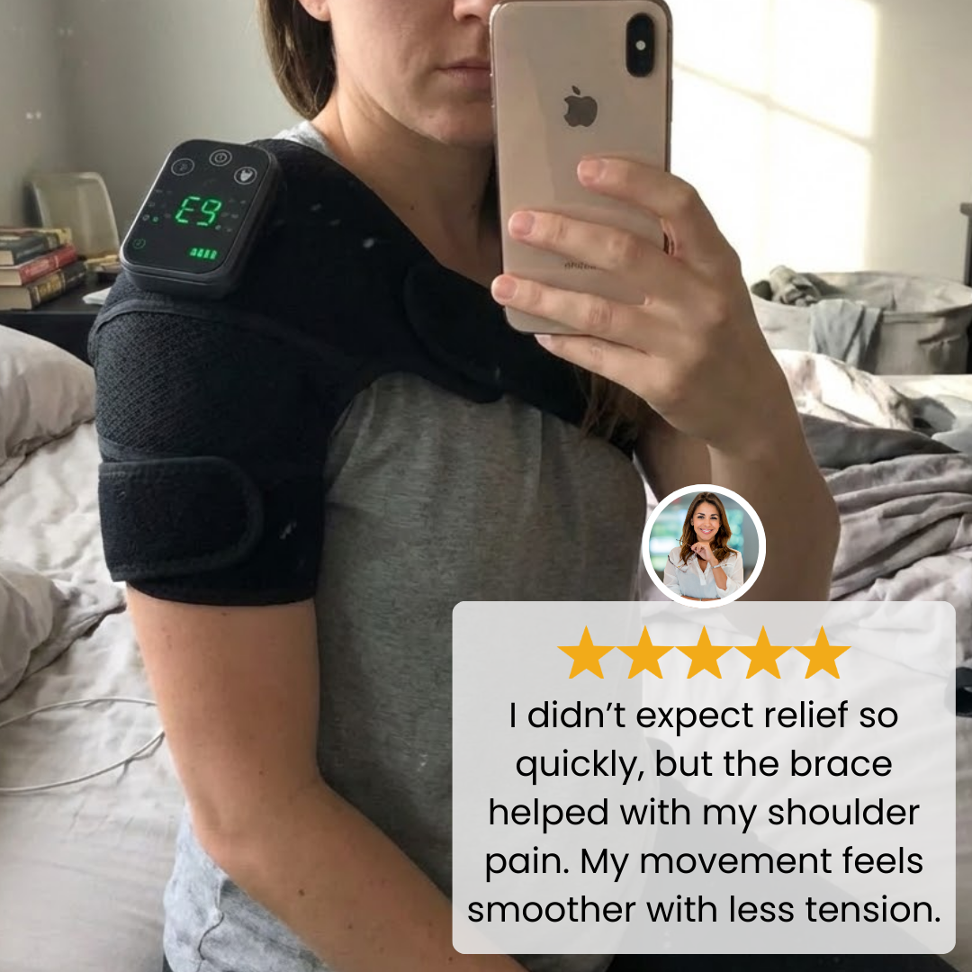 Customer wearing the WeRelieve heated shoulder massager wrap showing cordless heat and vibration therapy for shoulder pain relief and muscle tension support.