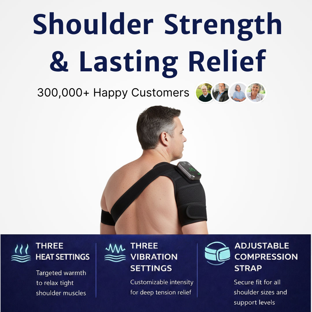 Man wearing the WeRelieve heated shoulder massager showing adjustable heat settings, vibration massage modes, and compression strap for shoulder support.