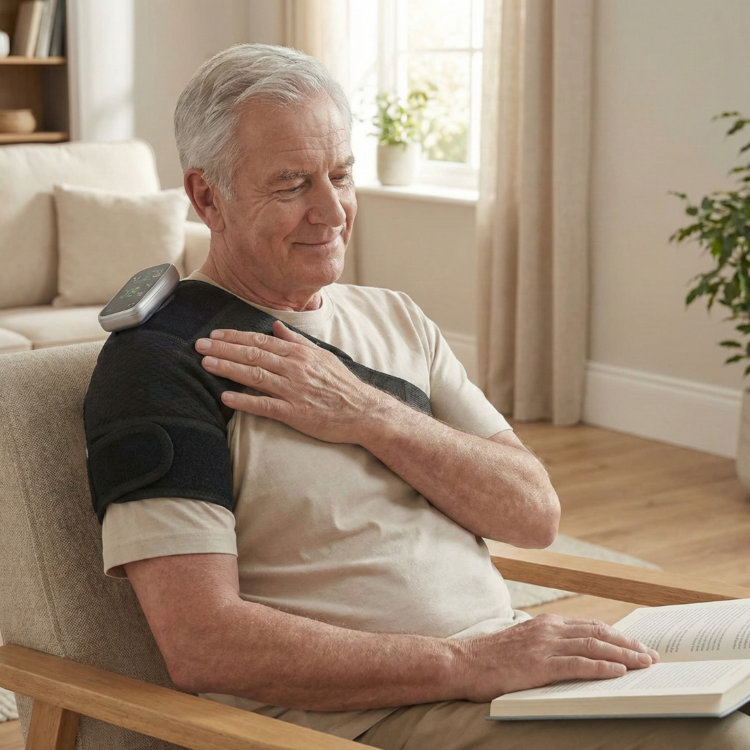 Older man relaxing at home while wearing the WeRelieve heated shoulder massager wrap designed to relieve shoulder pain and stiffness with heat and vibration therapy.