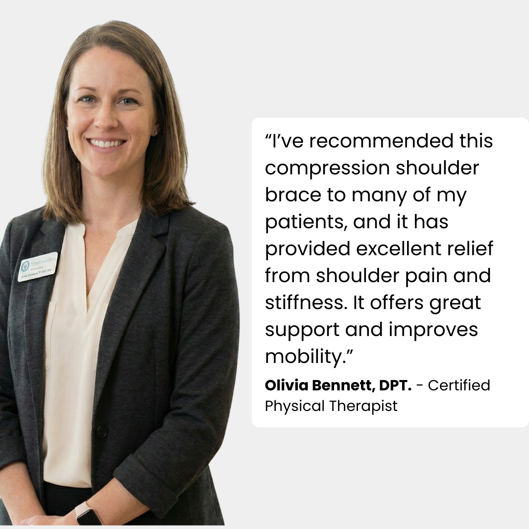 Physical therapist recommending the WeRelieve heated shoulder massager wrap designed to help relieve shoulder pain, stiffness, and support mobility.