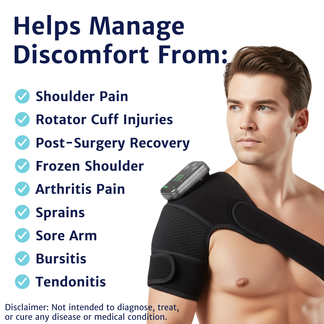 Man wearing the WeRelieve heated shoulder massager wrap designed to help manage shoulder pain, rotator cuff injuries, arthritis discomfort, and muscle strain.