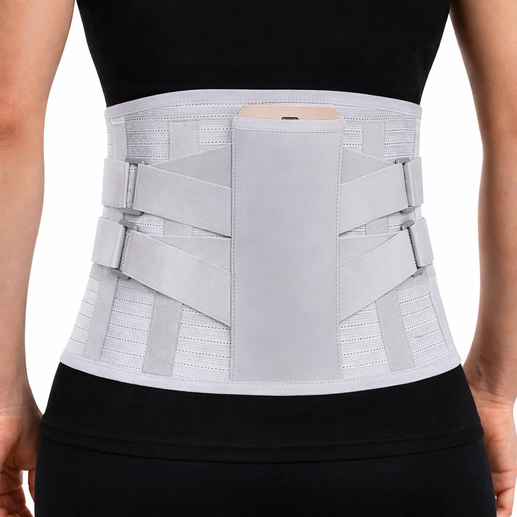 Back view of the WeRelieve lumbar support belt showing triple support plates and adjustable compression straps designed to stabilize the lower spine and provide lumbar back brace support.