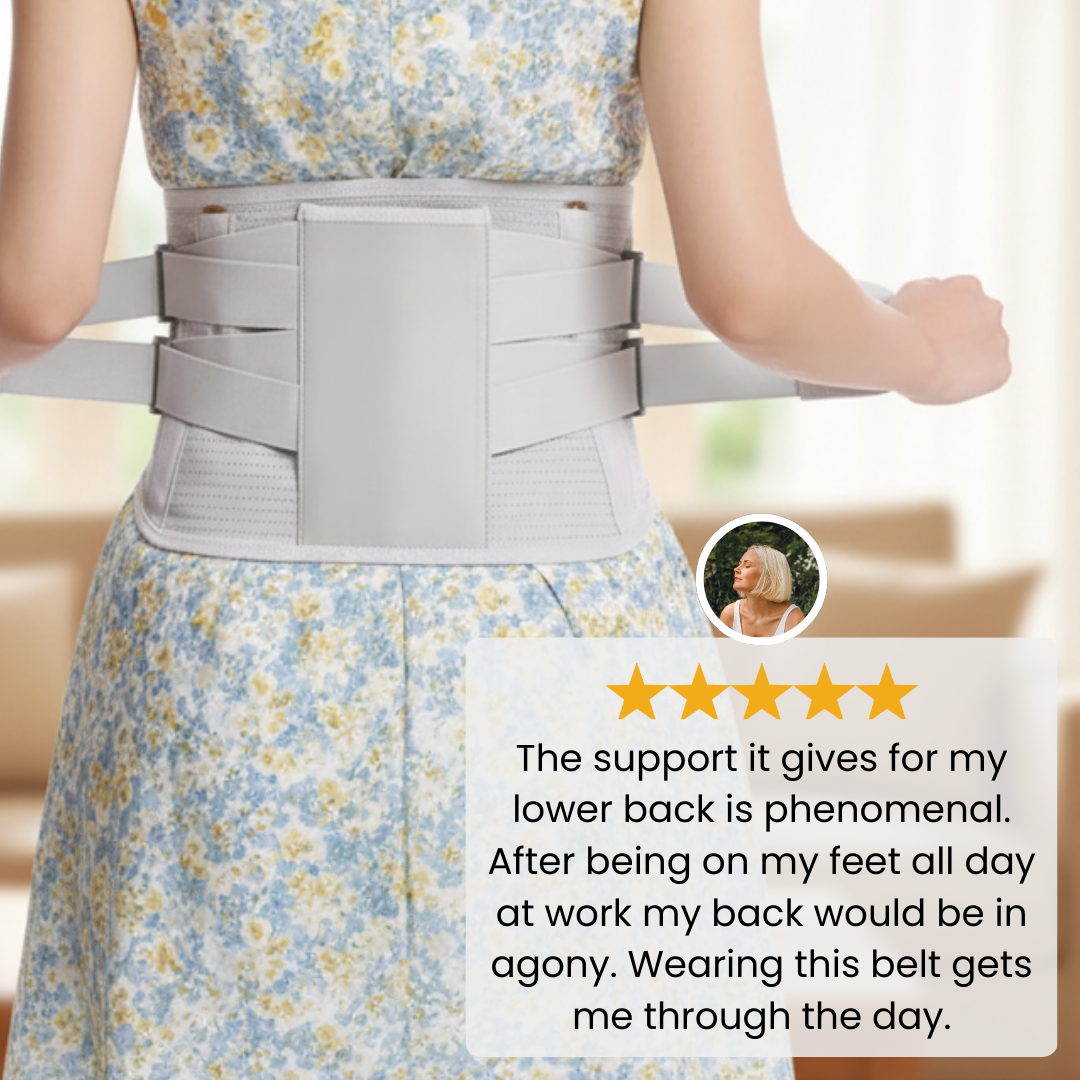 Woman tightening the WeRelieve lumbar support belt showing adjustable compression straps designed to stabilize the lower back and provide lumbar back brace support.