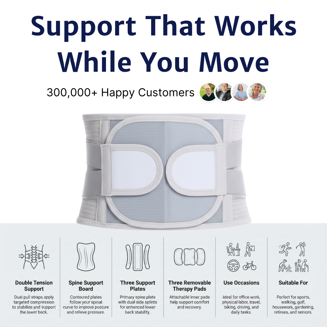 Feature image of the WeRelieve lumbar support belt highlighting adjustable compression straps, spine support plates, removable therapy pads, and lower back brace stability.