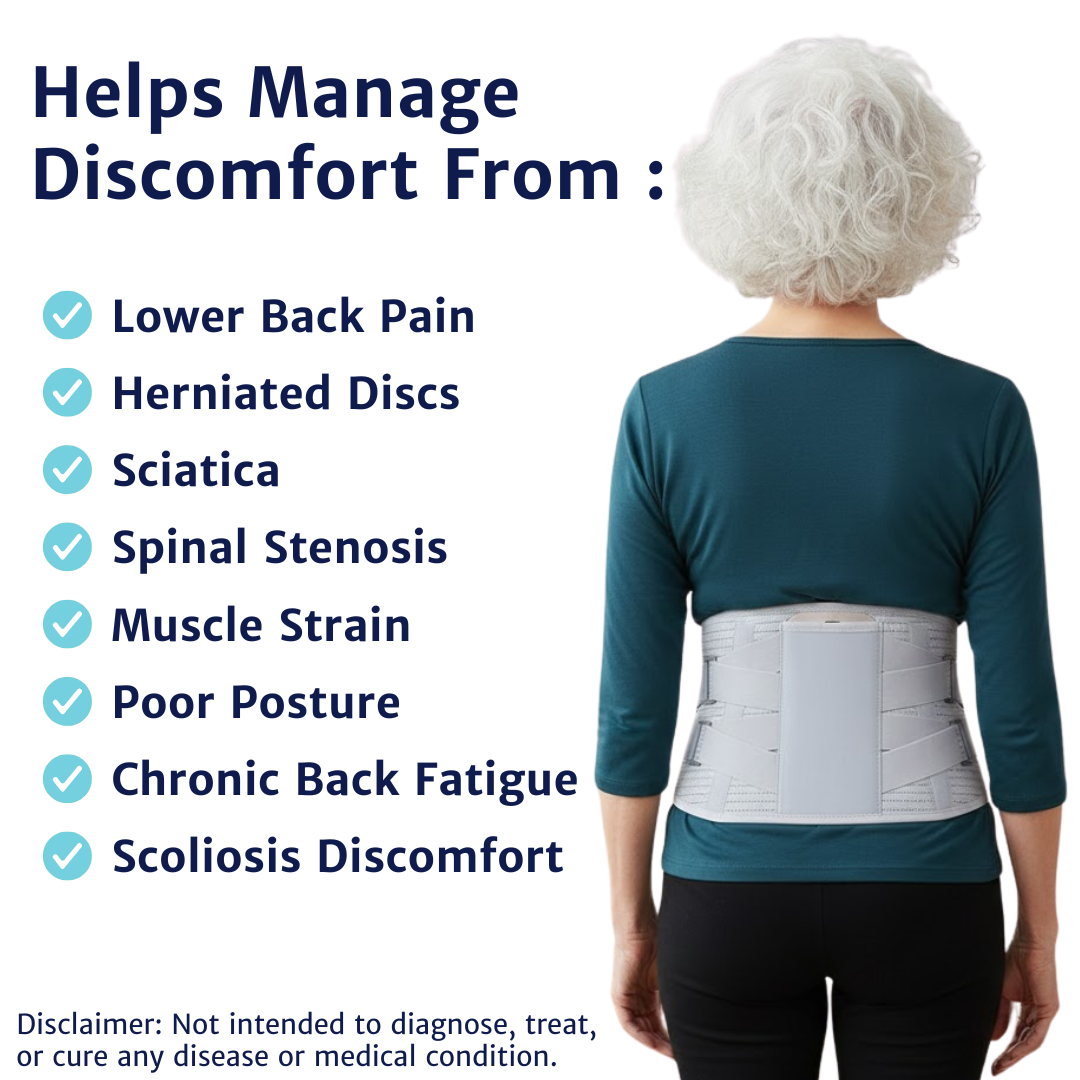 Woman wearing the WeRelieve lumbar support belt designed to support the lower back and help relieve discomfort from lower back pain, muscle strain, and poor posture.