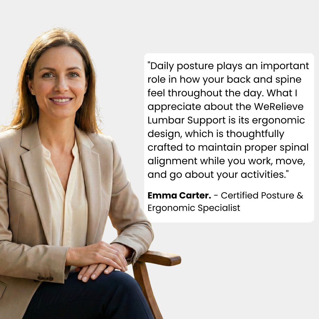 Posture specialist recommending the WeRelieve lumbar support belt for improving spinal alignment and supporting lower back posture during daily activities.