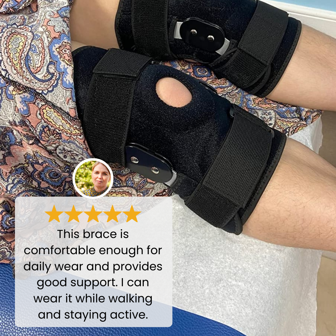 Customer wearing WeRelieve orthopedic knee pad braces showing comfortable knee support for walking, daily activity, and joint stability