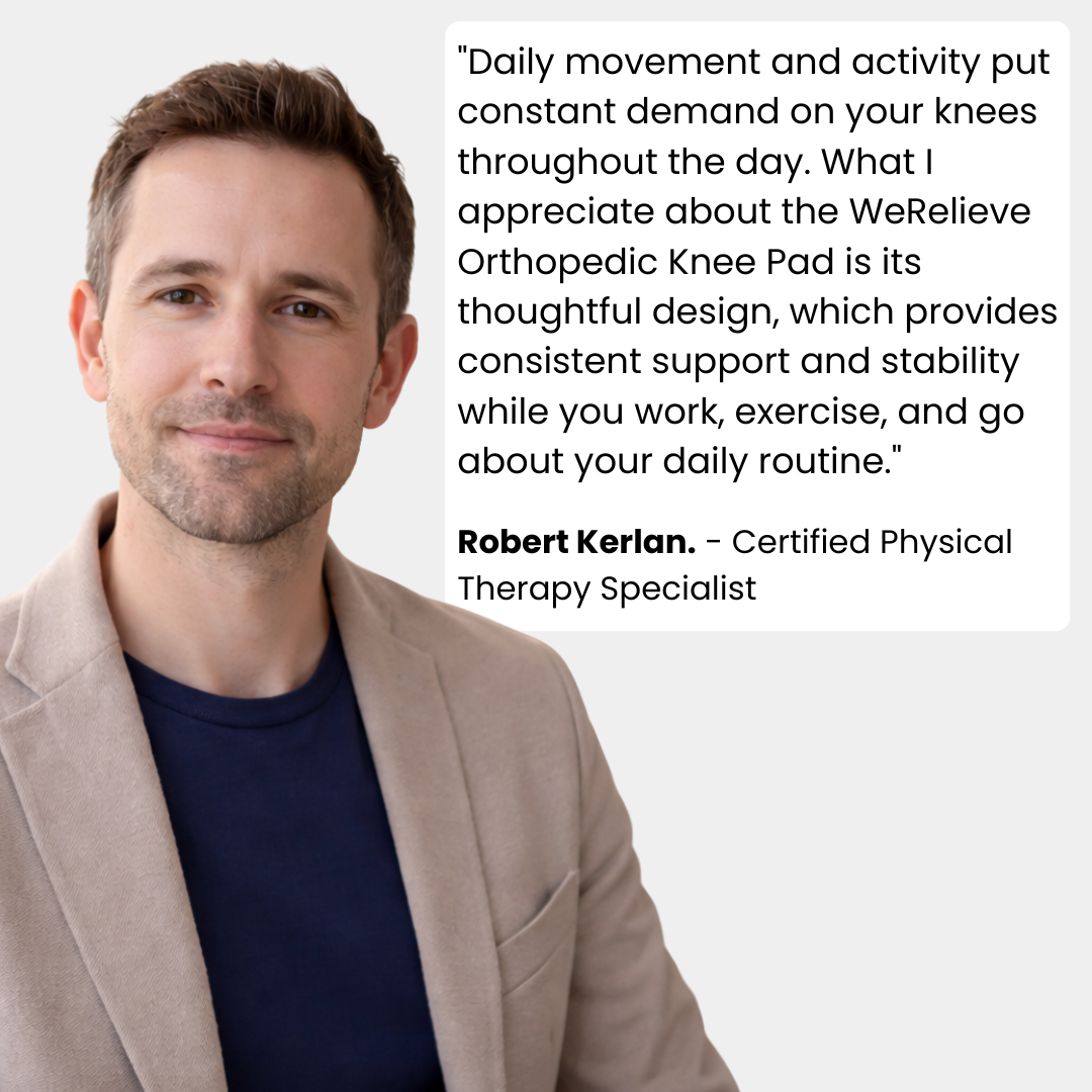 Physiotherapy specialist recommending WeRelieve orthopedic knee pad for strong knee support, stability, and improved daily mobility