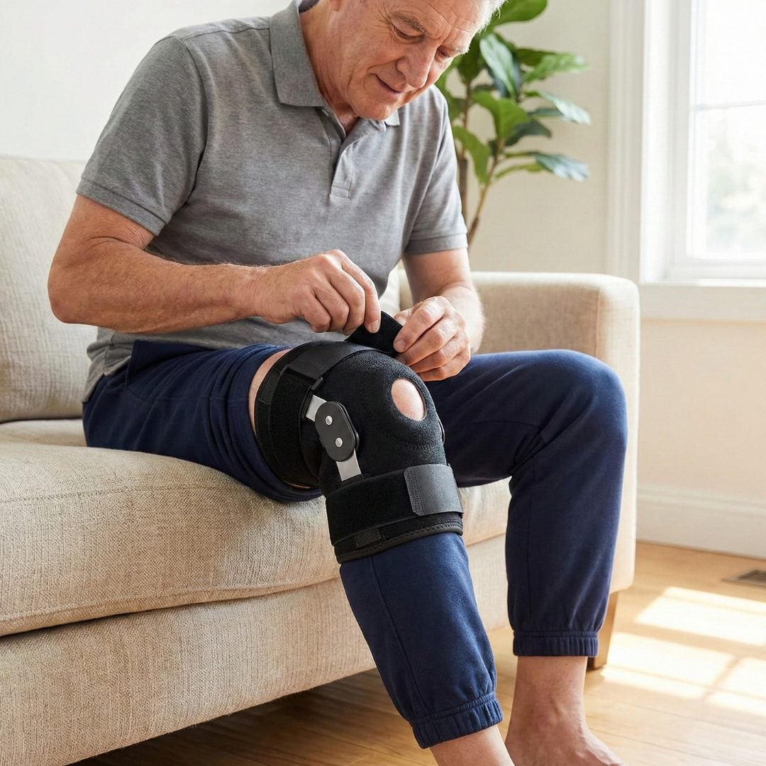 Senior man sitting on sofa adjusting WeRelieve orthopedic knee pad brace for knee support, stability, and relief from knee pain