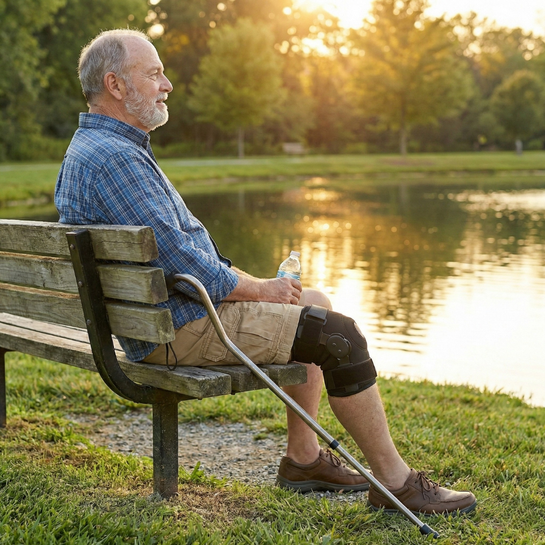 Senior man sitting on park bench wearing WeRelieve orthopedic knee pad brace for knee support, stability, and relief from knee discomfort