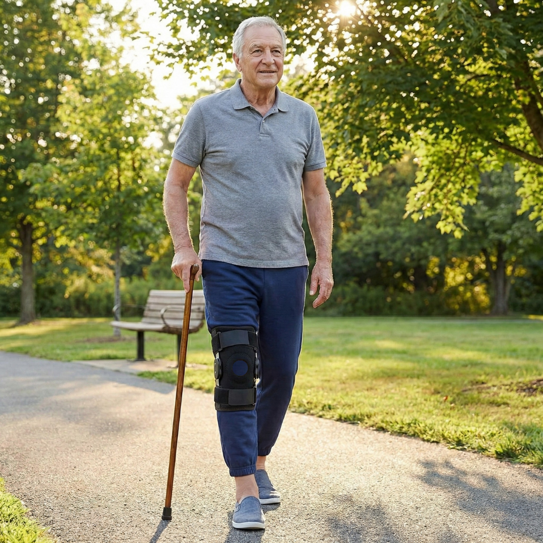 Senior man walking in park wearing WeRelieve orthopedic knee pad brace for knee support, stability, and comfortable daily movement