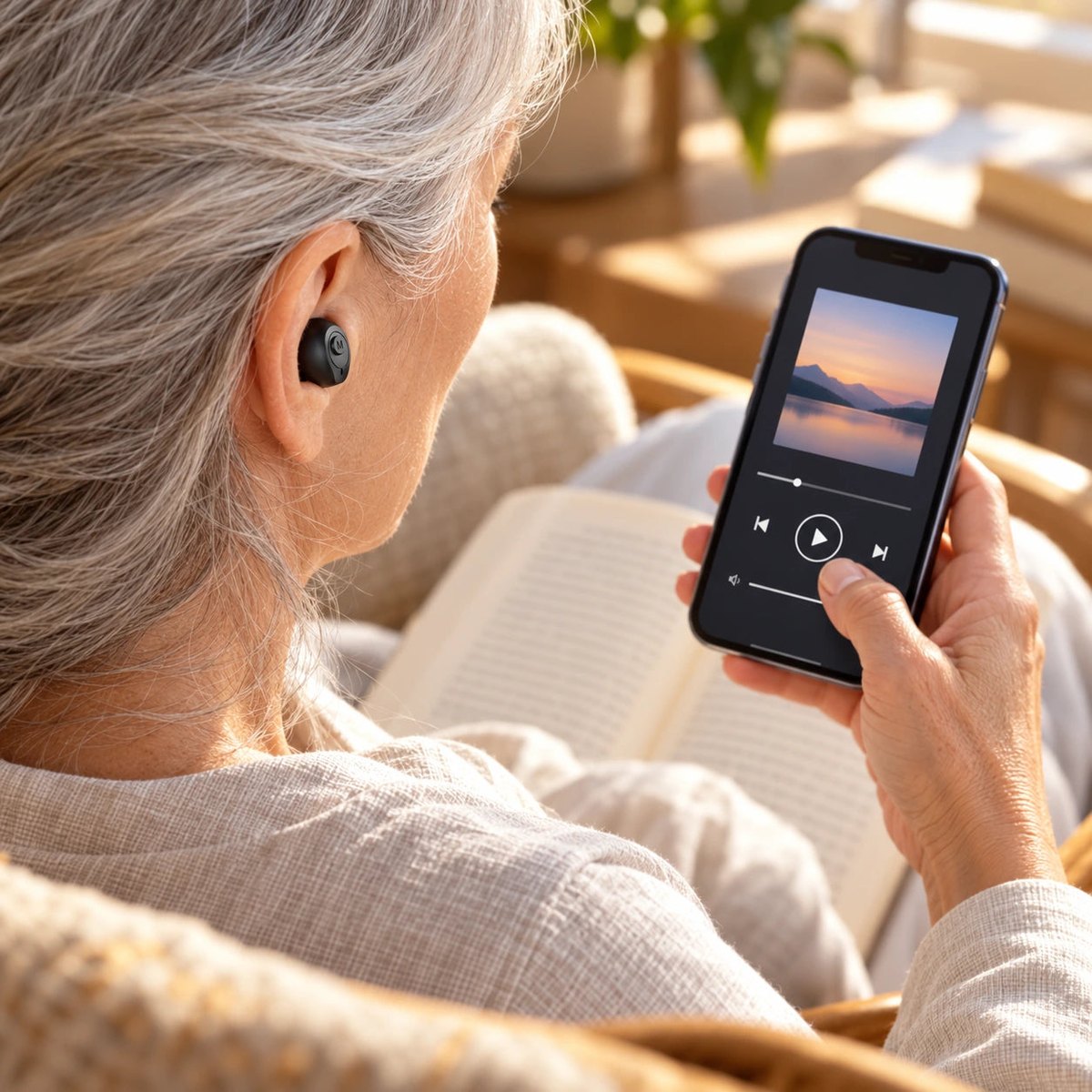 Woman listening to music from her phone with an Invisa hearing aid