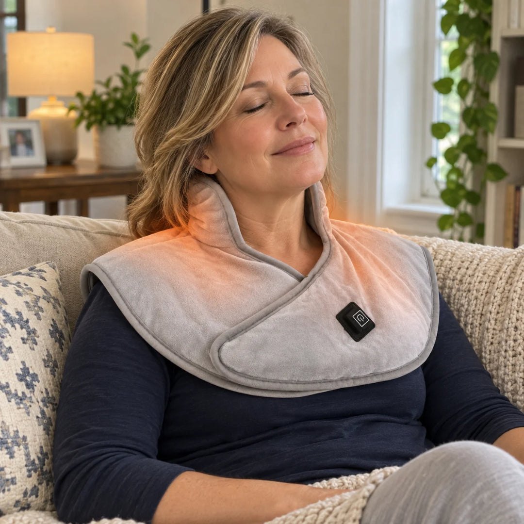 Woman relaxing while wearing ThermaWrap Go