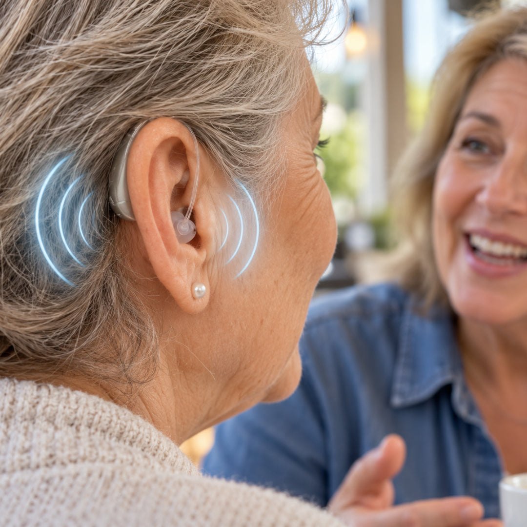 Woman wearing GoSound hearing aids during a conversation