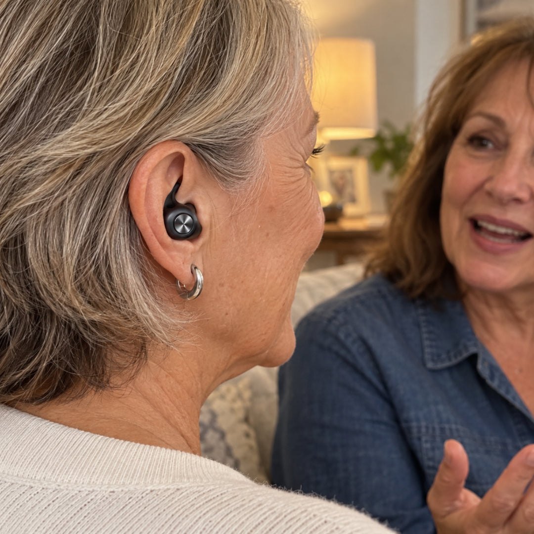 Woman wearing QuietFit hearing aids during a conversation