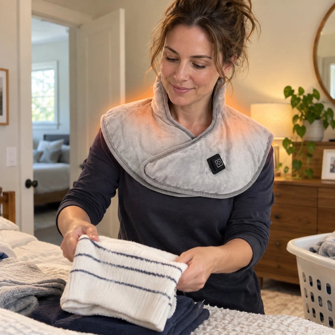 Woman wearing ThermaWrap Go while folding clothes