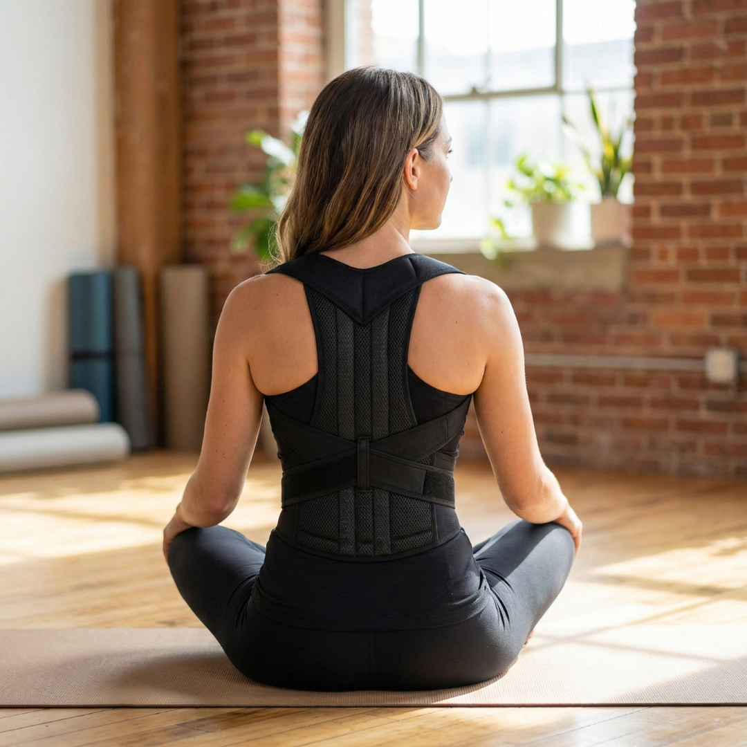 woman wearing CoreLift posture corrector while sitting showing improved posture alignment and upper back support